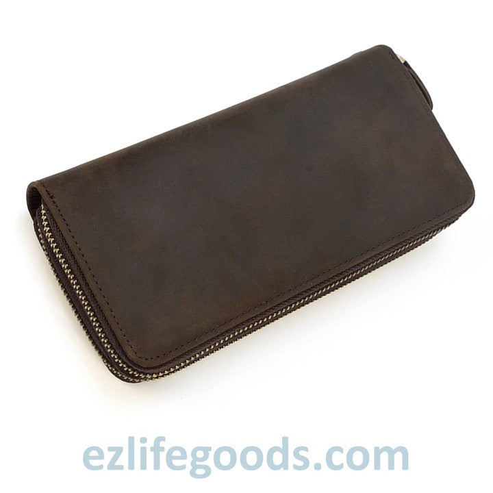 EZLIFEGOODS-Unisex Crazy Horse Genuine Leather Double Zipper Long Wallet Dark Brown