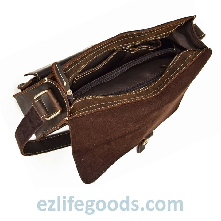 EZLIFEGOODS-Genuine Cow Leather Messenger Bag for Men| Mens Crossbody with Many Pockets-Dark Brown