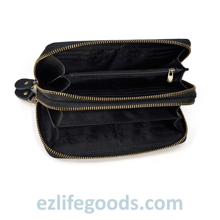 EZLIFEGOODS-Unisex Black Leather Wallet |Wristlet Wallet with Cardholders|Zip Phone Wallet