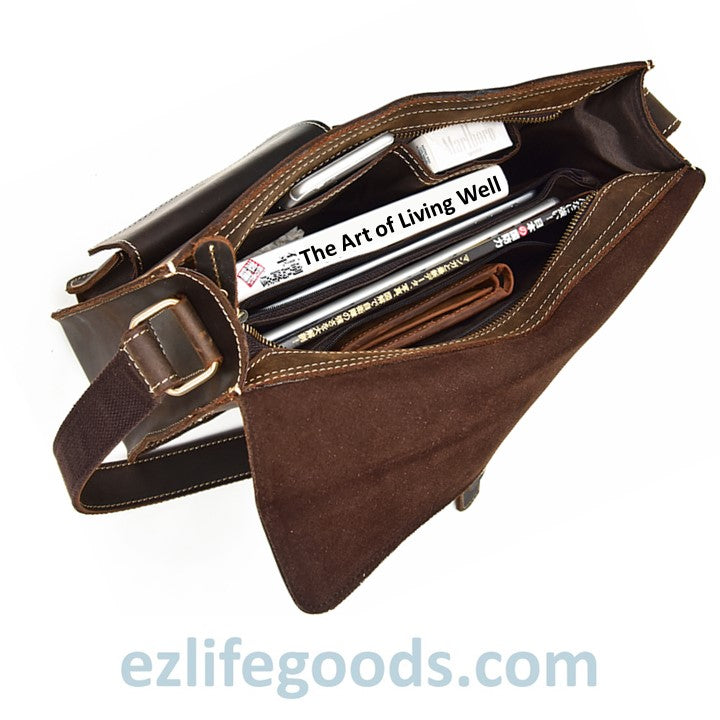 EZLIFEGOODS-Genuine Cow Leather Messenger Bag for Men| Mens Crossbody with Many Pockets-Dark Brown