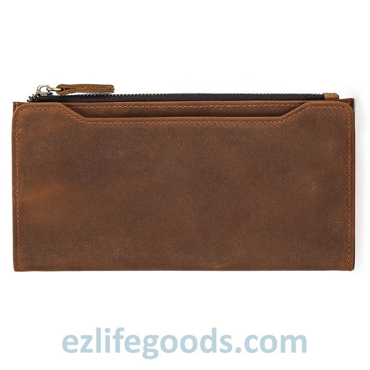 EZLIFEGOODS-Unisex Genuine Leather Wallet| Long Zipper Slim Wallet| Phone Purse with 12 Cardholders- Brown