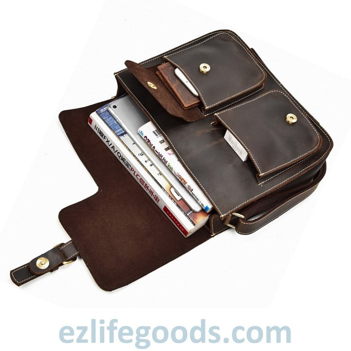 EZLIFEGOODS-Genuine Cow Leather Messenger Bag for Men| Mens Crossbody with Many Pockets-Dark Brown