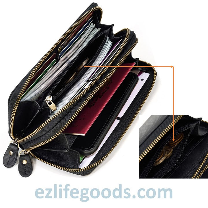 EZLIFEGOODS-Unisex Black Leather Wallet |Wristlet Wallet with Cardholders|Zip Phone Wallet