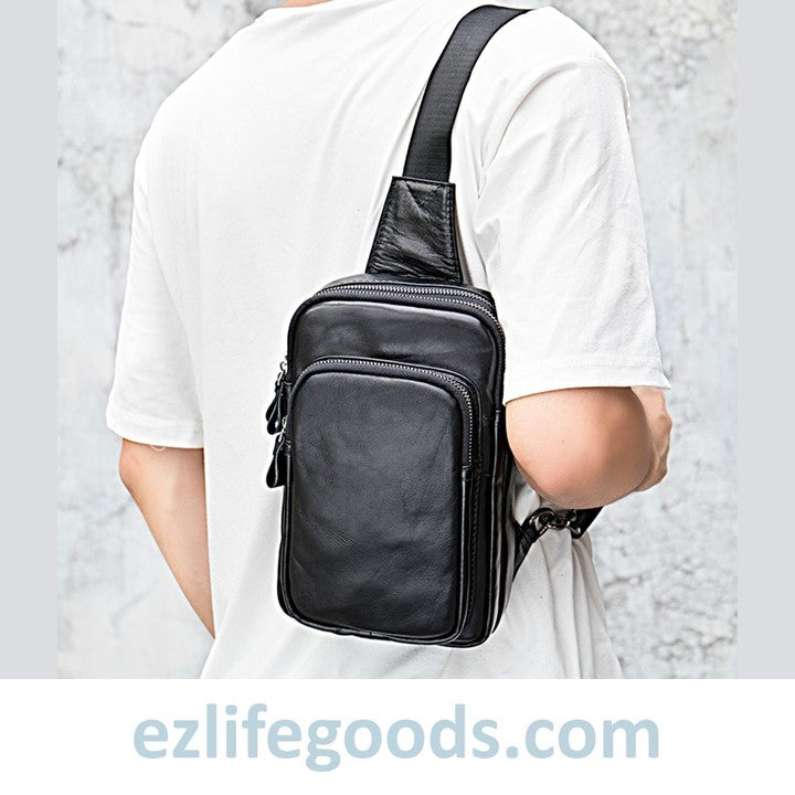 EZLIFEGOODS-Black Leather Sling Bag | Compact Shoulder Crossbody Chest Bag