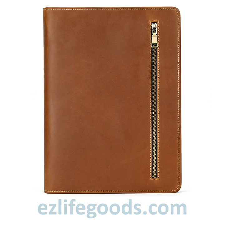 EZ Life Goods-Unisex A4 Genuine Leather Portfolio Binder, Leather Business Portfolio | The Best Zippered Padfolio Light Brown