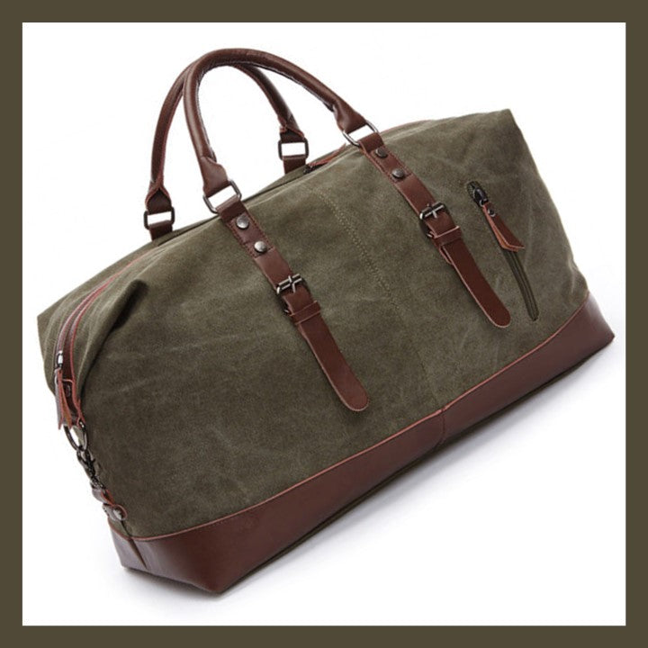 EZ Life Goods-Original Canvas & Leather Travel Duffle Bag / Large Weekend Bag 54 cm Army Green