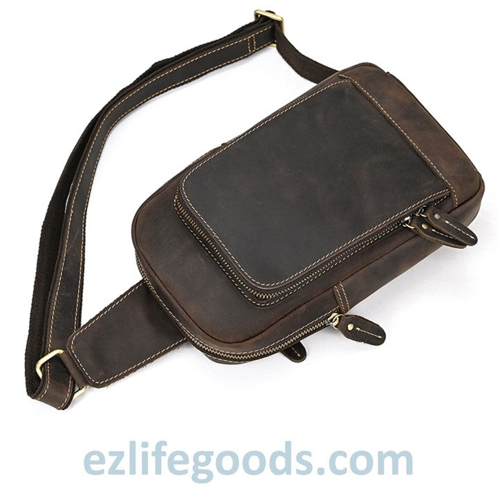 EZLIFEGOODS-Unisex Cowhide Chest Sling Bag, Casual Crossbody Messenger Bag Dark Brown