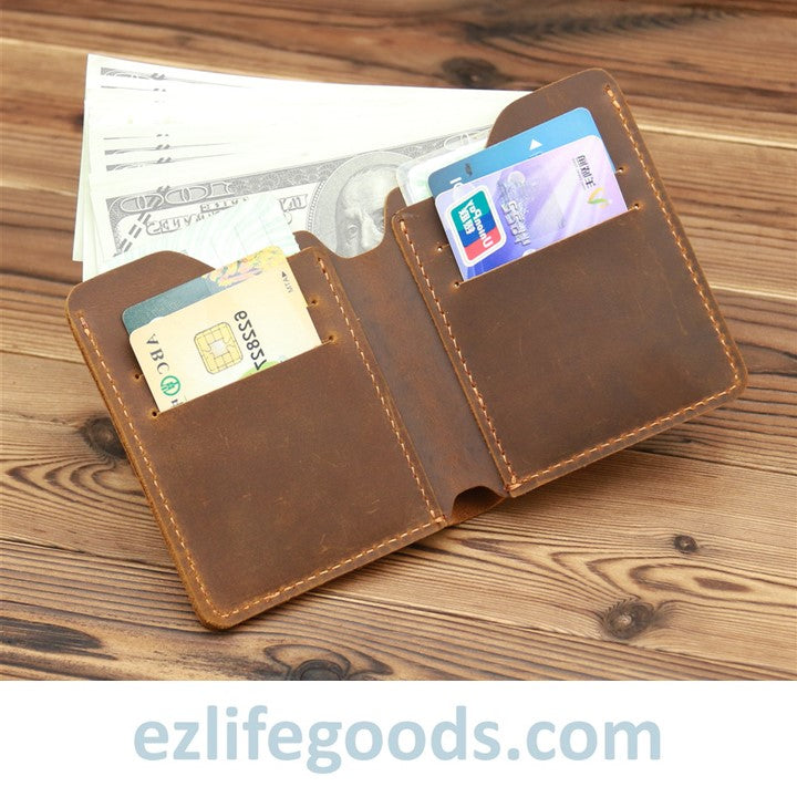 EZLIFEGOODS-Vintage Crazy Horse Leather Card Holder Small Wallet for Men Brown