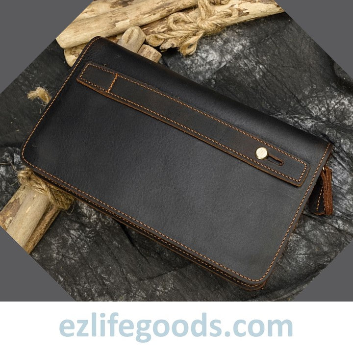 EZ Life Goods-Genuine Leather Double Zipper Clutch Wallet for Men Dark Brown