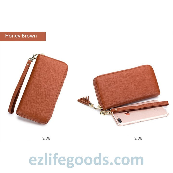 EZLIFEGOODS - Stylish Tassel Genuine Leather Long Zipper Clutch RFID Wallet for Women Honey Brown