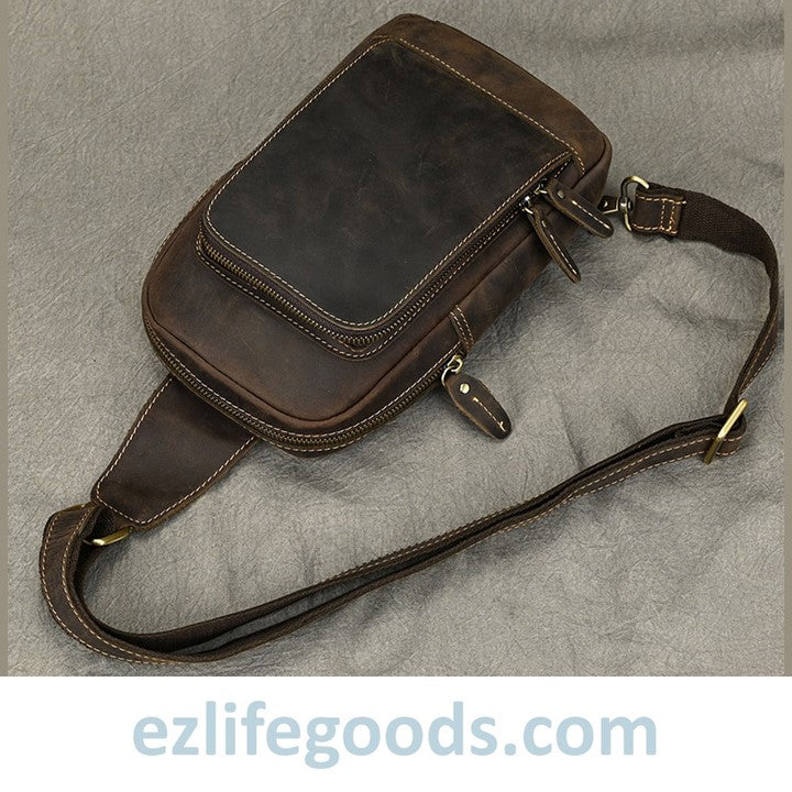 EZLIFEGOODS-Unisex Cowhide Chest Sling Bag, Casual Crossbody Messenger Bag Dark Brown