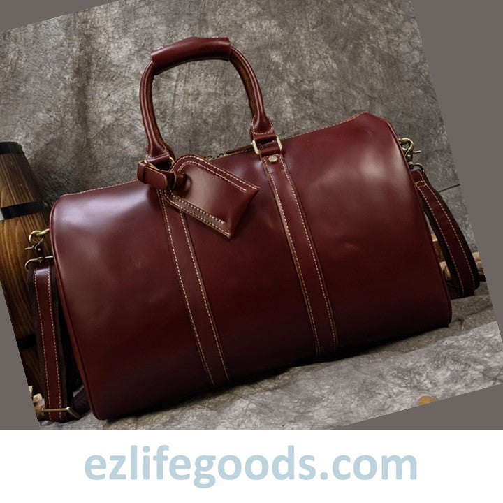 EZLIFEGOODS-Elegant Polished Genuine Leather Duffle Travel Bag 45 cm in Wine Color Tones Bright Bordeaux