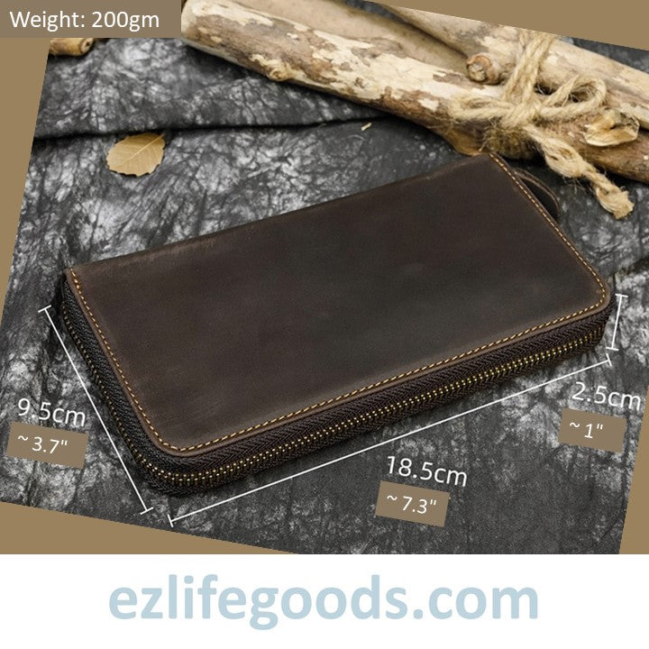 EZLIFEGOODS - Unisex Vintage Genuine Leather Crazy Horse Long Zipper Wallet Dark Brown