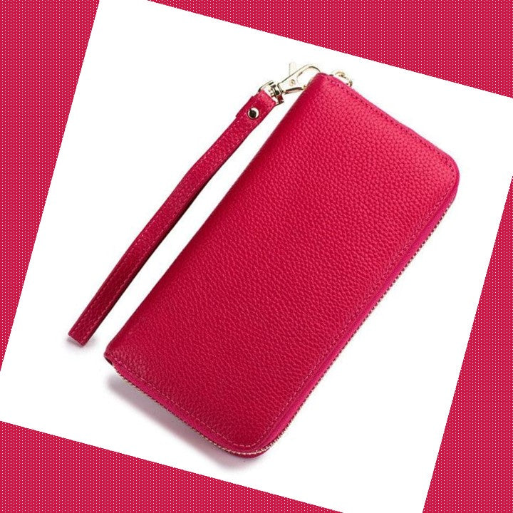 EZLIFEGOODS - Stylish Tassel Genuine Leather Long Zipper Clutch RFID Wallet for Women Rose Red