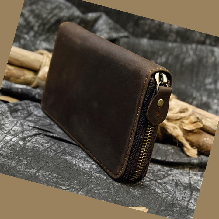 EZLIFEGOODS - Unisex Vintage Genuine Leather Crazy Horse Long Zipper Wallet Dark Brown