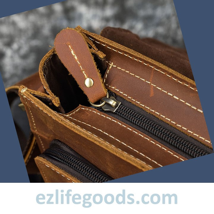 EZLIFEGOODS- Crazy Horse Leather Shoulder Bag Crossbody Messenger Bag for Men-Brown