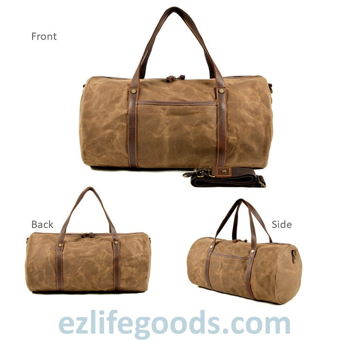 EZLIFEGOODS-Retro Canvas Trimmed with Cowhide Duffle Weekender Bag | 54 cm Large Capacity Gym bag Khaki