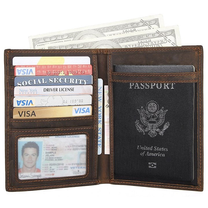 EZLIFEGOODS-Passport Wallet, Crazy Horse Leather Travel Wallet for Men with Cardholders-Grid Passport Pocket