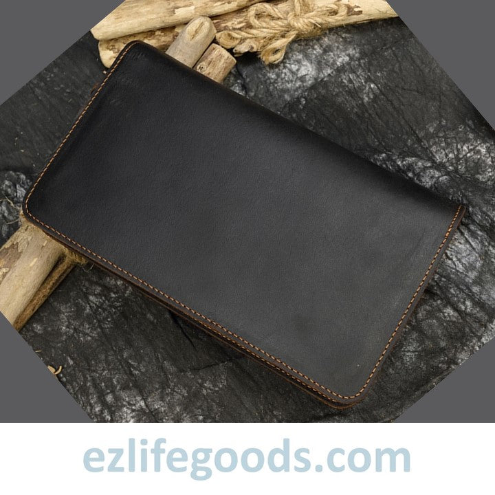 EZ Life Goods-Genuine Leather Double Zipper Clutch Wallet for Men Dark Brown