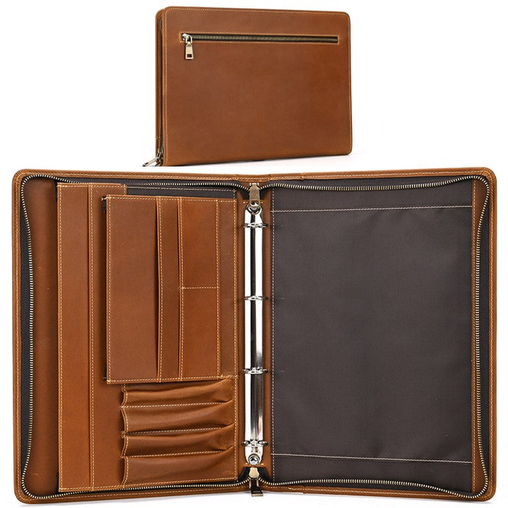 EZ Life Goods-Unisex A4 Genuine Leather Portfolio Binder, Leather Business Portfolio | The Best Zippered Padfolio Light Brown