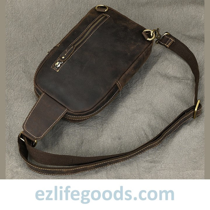 EZLIFEGOODS-Unisex Cowhide Chest Sling Bag, Casual Crossbody Messenger Bag Dark Brown