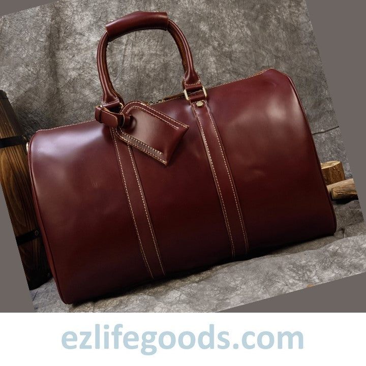 EZLIFEGOODS-Elegant Polished Genuine Leather Duffle Travel Bag 45 cm in Wine Color Tones Bright Bordeaux