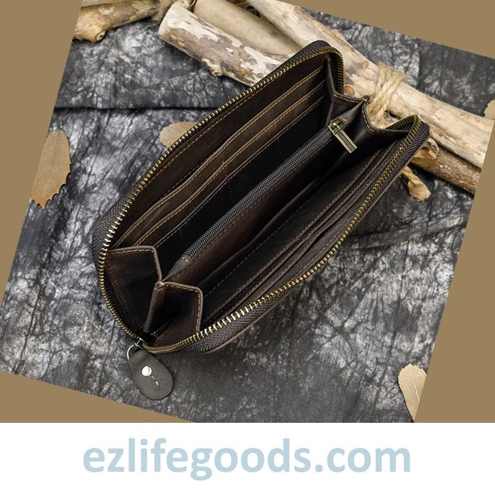 EZLIFEGOODS - Unisex Vintage Genuine Leather Crazy Horse Long Zipper Wallet Dark Brown