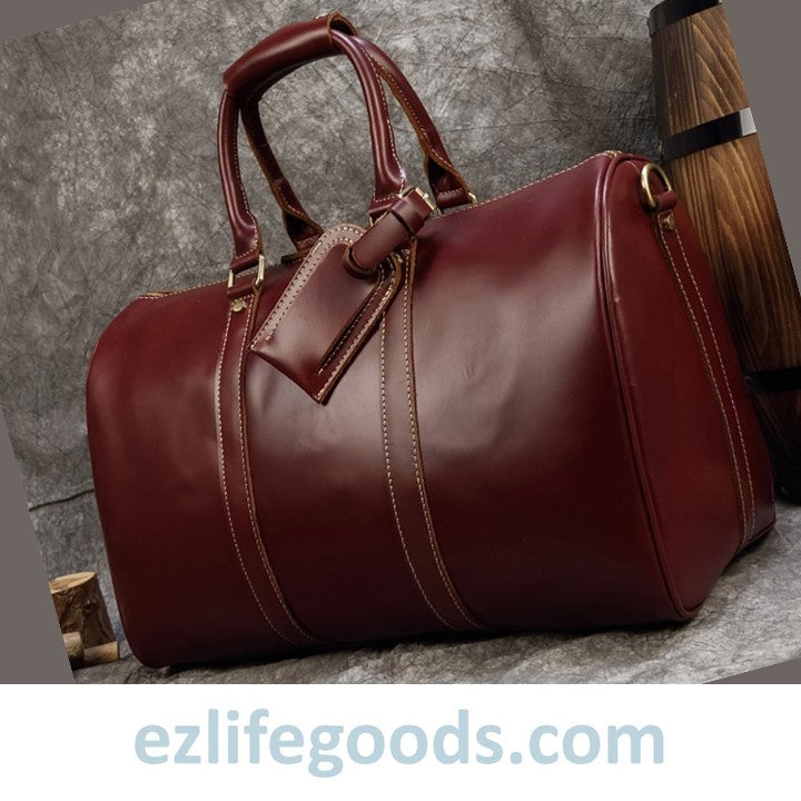 EZLIFEGOODS-Elegant Polished Genuine Leather Duffle Travel Bag 45 cm in Wine Color Tones Bright Bordeaux