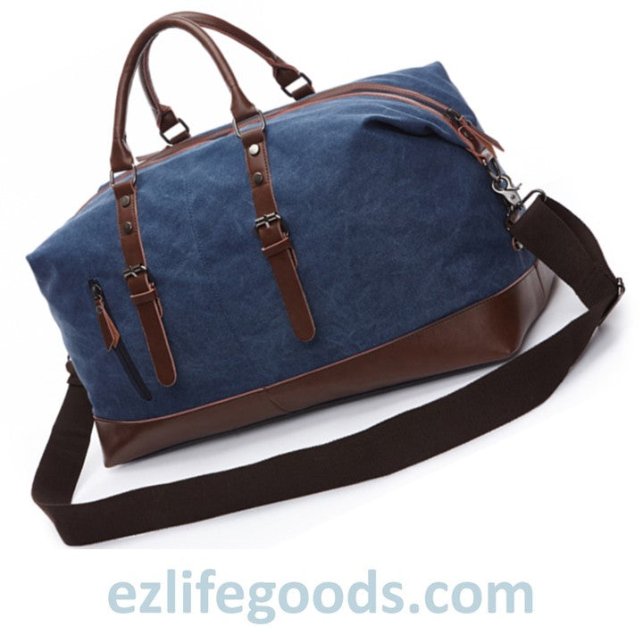 EZ Life Goods-Original Canvas & Leather Travel Duffle Bag / Large Weekend Bag 54 cm Blue