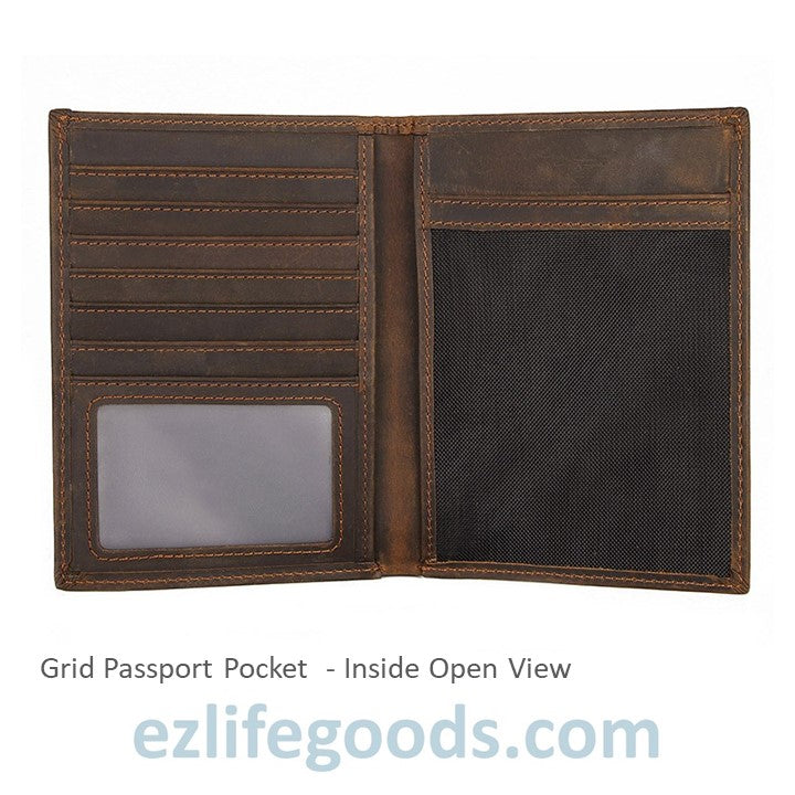 EZLIFEGOODS-Passport Wallet, Crazy Horse Leather Travel Wallet for Men with Cardholders - Grid Passport Pocket