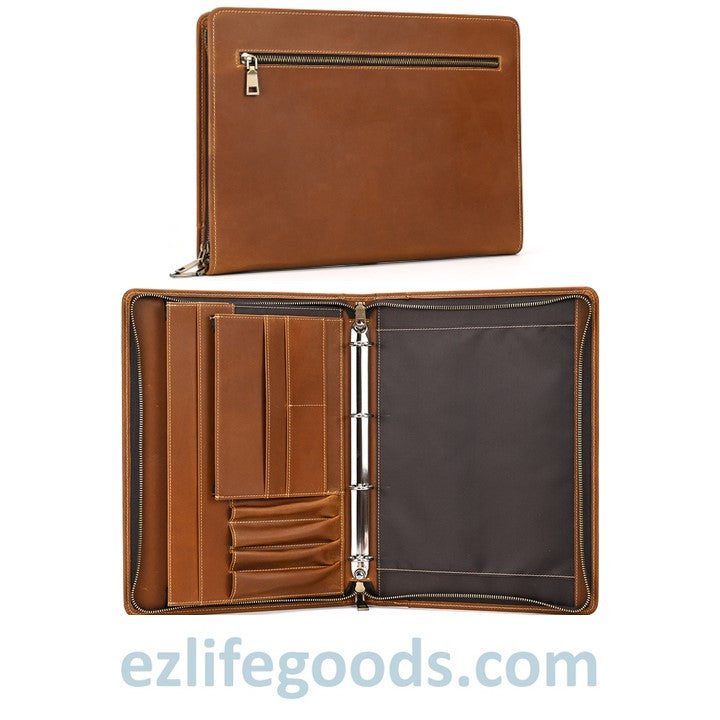 EZ Life Goods-Unisex A4 Genuine Leather Portfolio Binder, Leather Business Portfolio | The Best Zippered Padfolio Light Brown