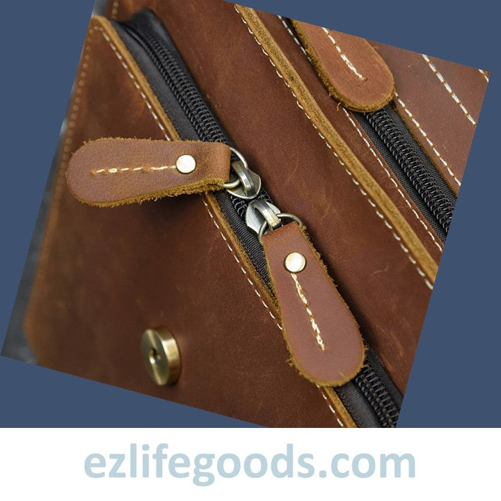 EZLIFEGOODS- Crazy Horse Leather Shoulder Bag Crossbody Messenger Bag for Men-Brown