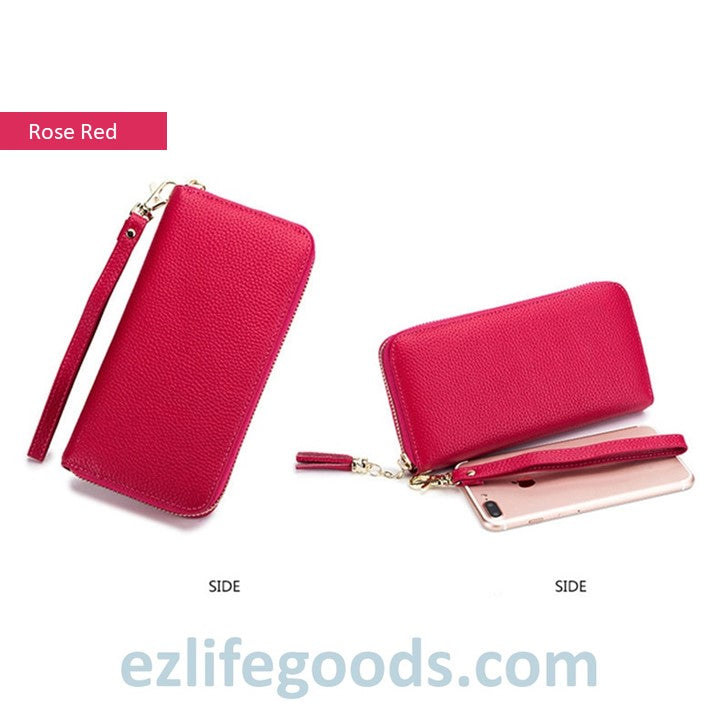 EZLIFEGOODS - Stylish Tassel Genuine Leather Long Zipper Clutch RFID Wallet for Women Rose Red