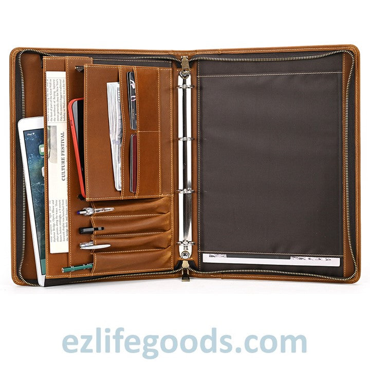 EZ Life Goods-Unisex A4 Genuine Leather Portfolio Binder, Leather Business Portfolio | The Best Zippered Padfolio Light Brown