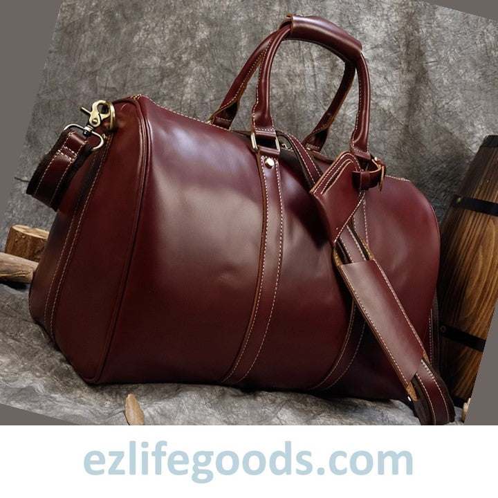 EZLIFEGOODS-Elegant Polished Genuine Leather Duffle Travel Bag 45 cm in Wine Color Tones Bright Bordeaux