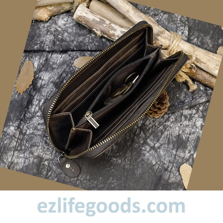 EZLIFEGOODS - Unisex Vintage Genuine Leather Crazy Horse Long Zipper Wallet Dark Brown