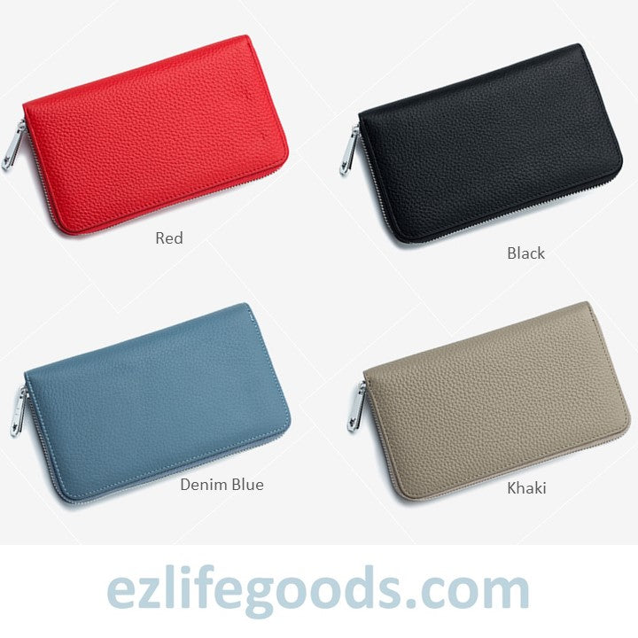 EZLIFEGOODS-RFID Genuine Leather All Around Zipper Wallet for Women, High Capacity Long Wallet Phone Purse