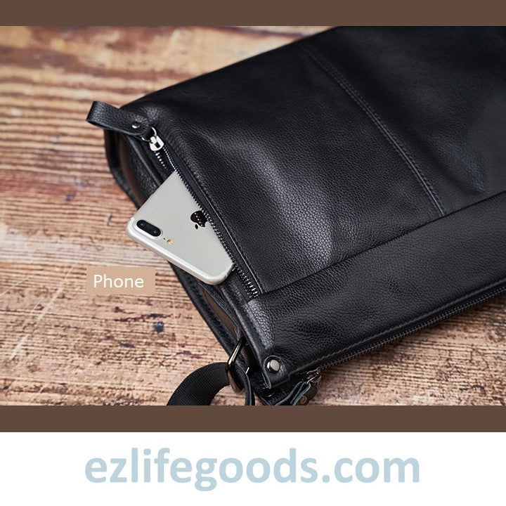 EZLIFEGOODS-Full Grain Genuine Leather Messenger Bag - High Capacity Shoulder Bag for Men Black