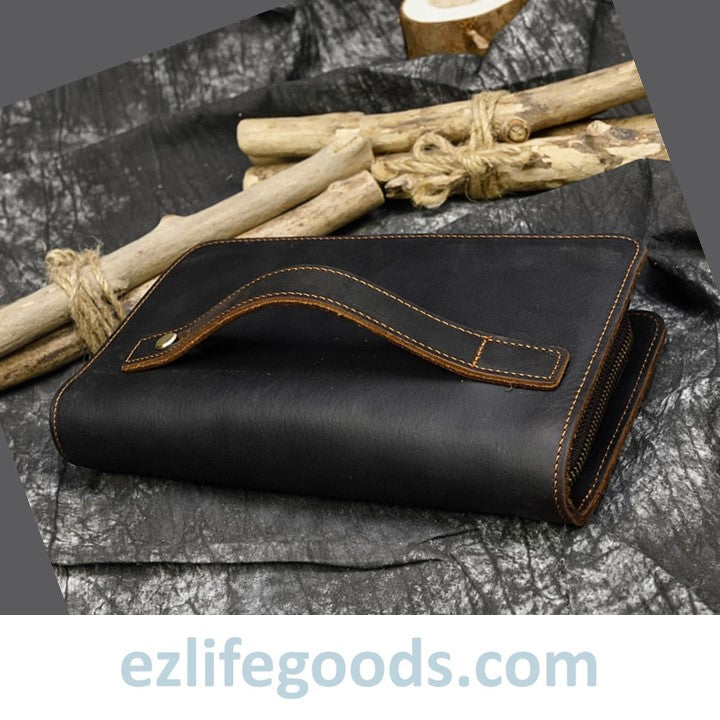 EZ Life Goods-Genuine Leather Double Zipper Clutch Wallet for Men Dark Brown