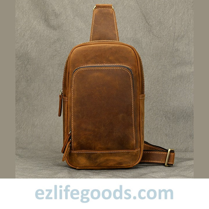 EZLIFEGOODS-Unisex Cowhide Chest Sling Bag, Casual Crossbody Messenger Bag Light Brown