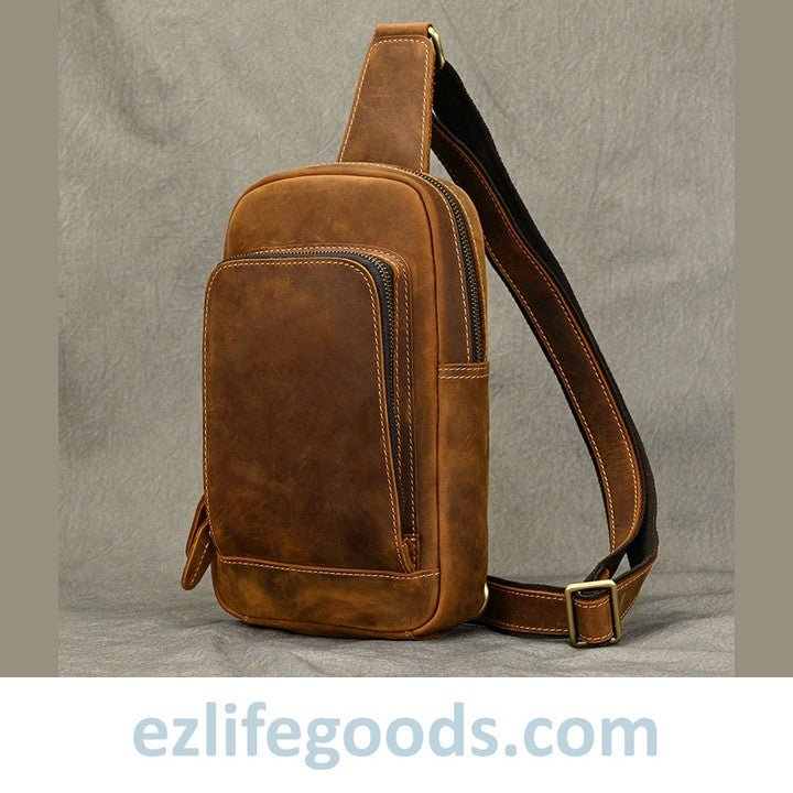 EZLIFEGOODS-Unisex Cowhide Chest Sling Bag, Casual Crossbody Messenger Bag Light Brown