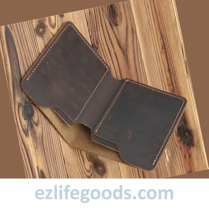 EZLIFEGOODS-Vintage Crazy Horse Leather Card Holder Small Wallet for Men Dark Brown