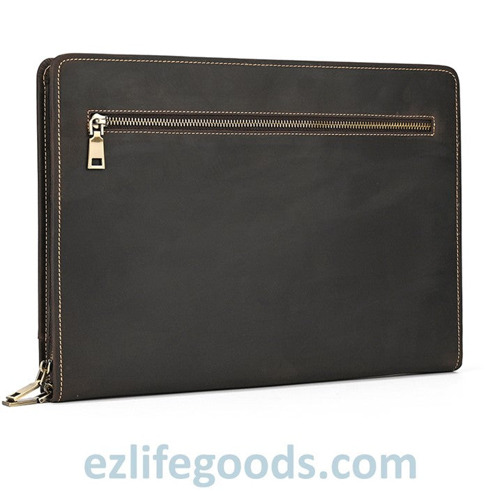 EZ Life Goods-Unisex A4 Genuine Leather Portfolio Binder, Leather Business Portfolio | The Best Zippered Padfolio Dark Brown