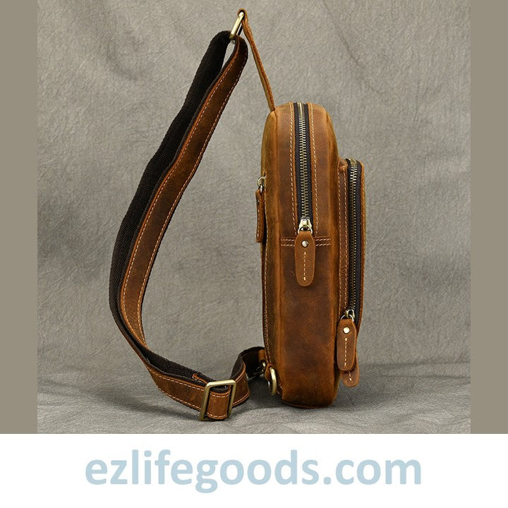 EZLIFEGOODS-Unisex Cowhide Chest Sling Bag, Casual Crossbody Messenger Bag Light Brown