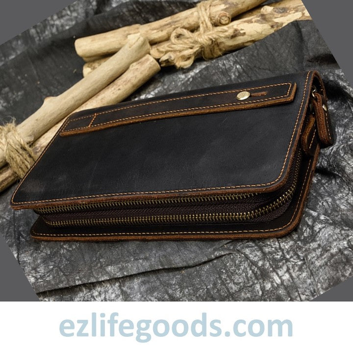 EZ Life Goods-Genuine Leather Double Zipper Clutch Wallet for Men Dark Brown