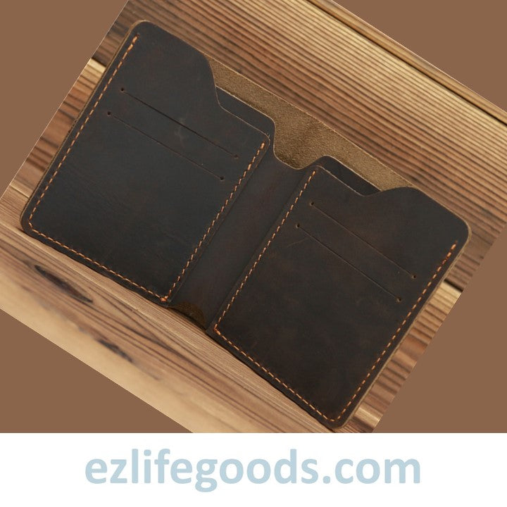 EZLIFEGOODS-Vintage Crazy Horse Leather Card Holder Small Wallet for Men Dark Brown