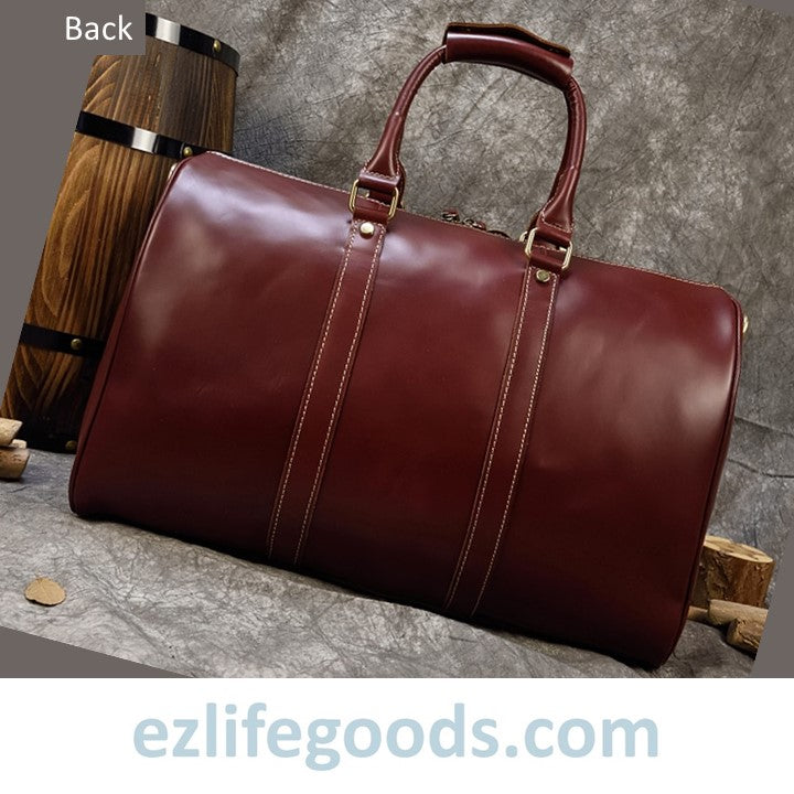 EZLIFEGOODS-Elegant Polished Genuine Leather Duffle Travel Bag 45 cm in Wine Color Tones Bright Bordeaux