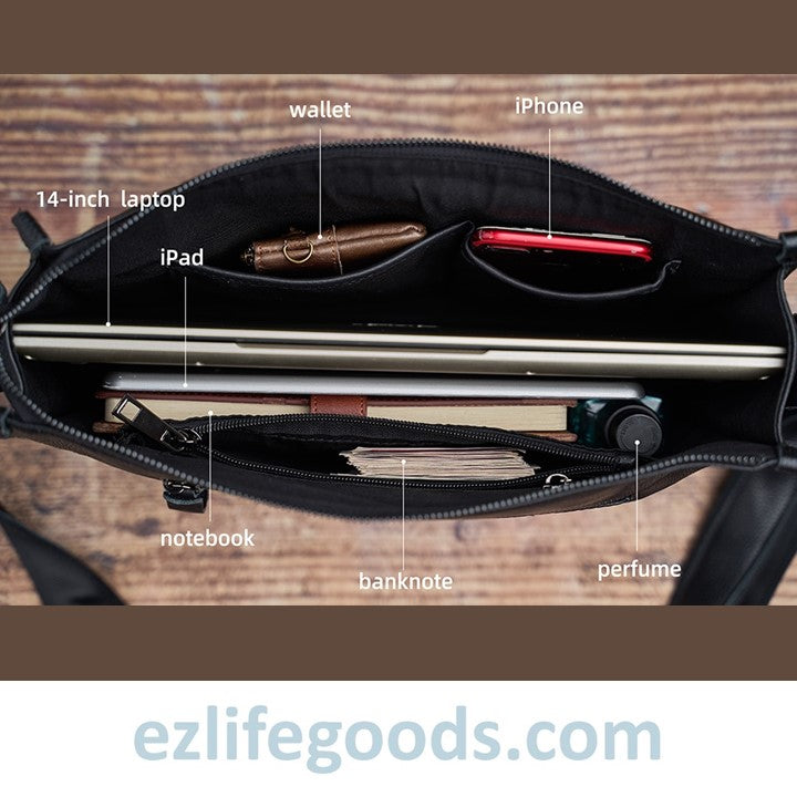 EZLIFEGOODS-Full Grain Genuine Leather Messenger Bag - High Capacity Shoulder Bag for Men 