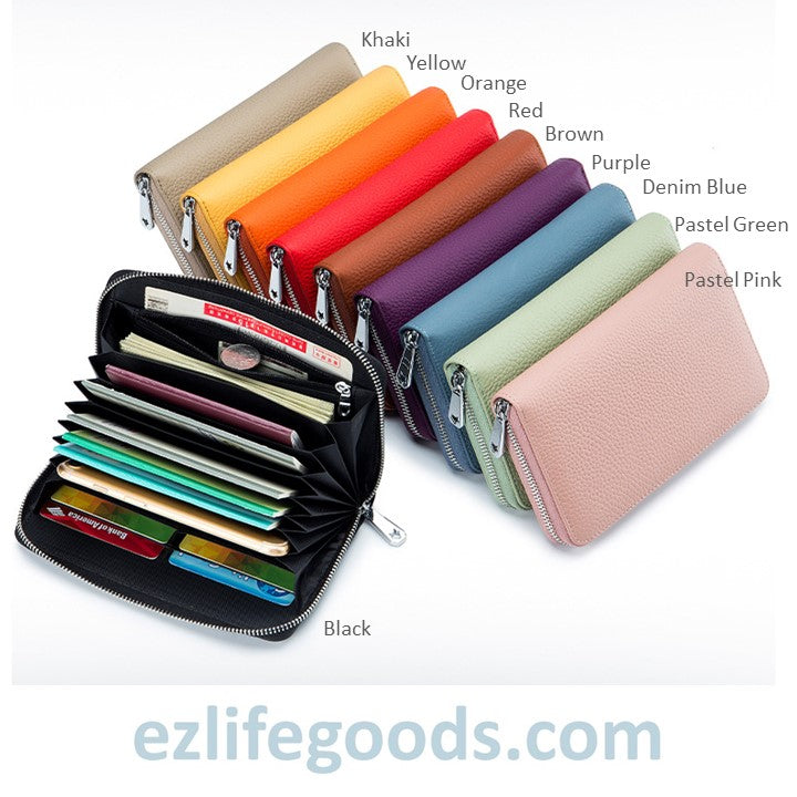 EZLIFEGOODS-RFID Genuine Leather All Around Zipper Wallet for Women, High Capacity Long Wallet Phone Purse