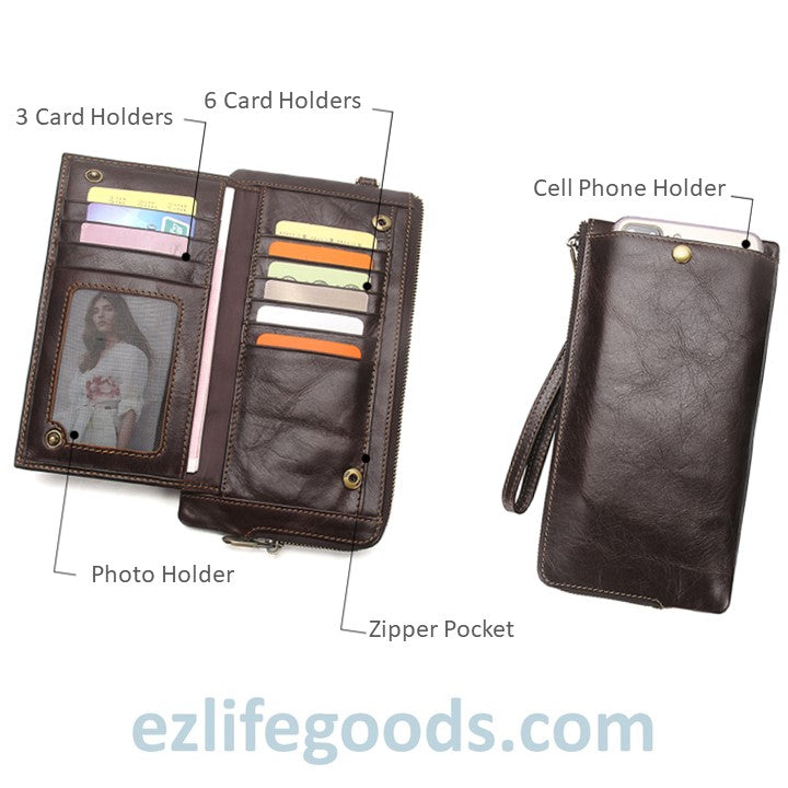 EZLIFEGOODS -Stylish Genuine Leather Wallet With Phone Pocket Coffee